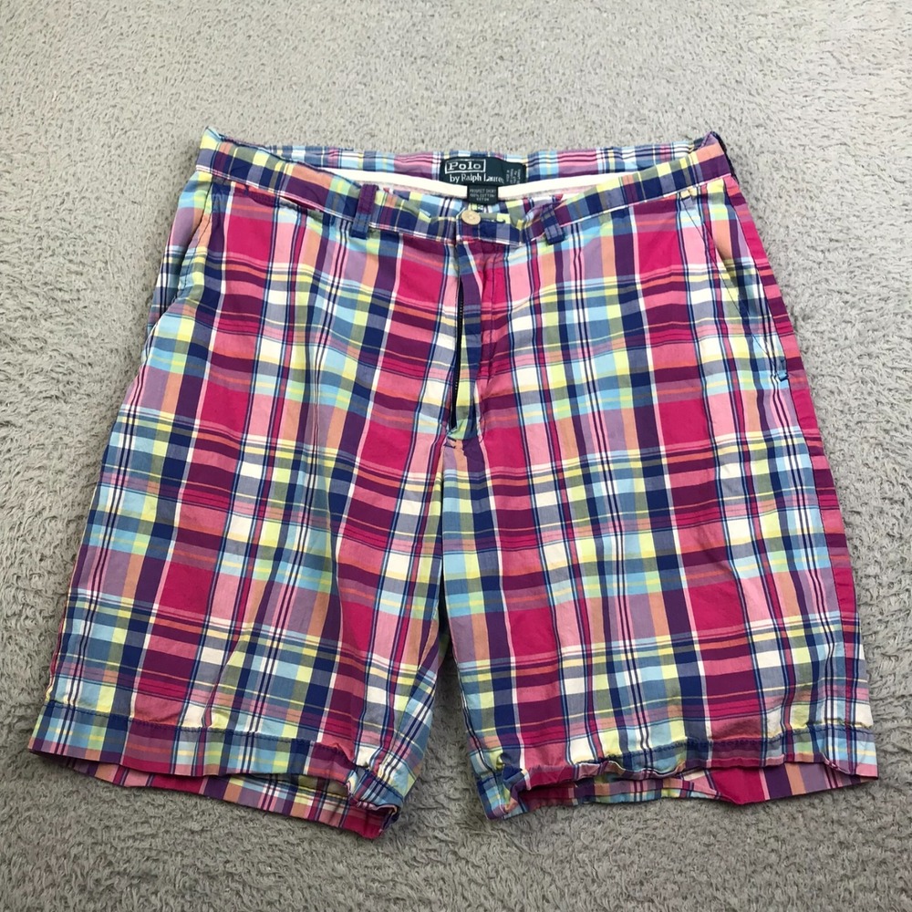 Polo Ralph Lauren Prospect Shorts Mens 34 Pink Plaid Cotton 8" Casual Chino